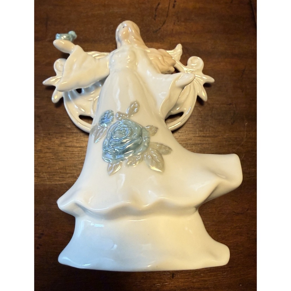 Ganz Porcelain Angel Iridescent White With Blue Bird & Blue Rose  6.5" Tall